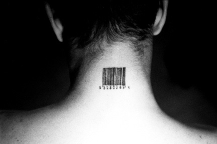 barcode tattoo on neck. arcode tattoo on wrist.
